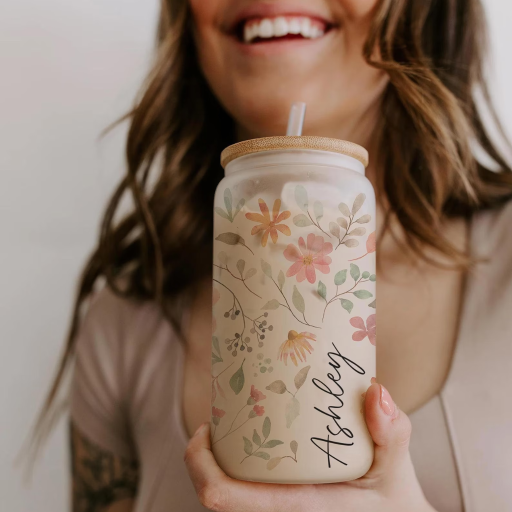 Custom Watercolor Floral Glass Tumbler Gift for Her