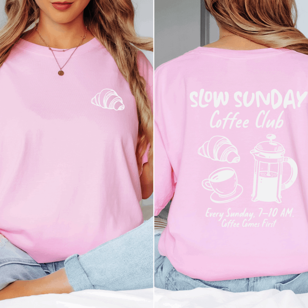 Slow Sunday Coffee Club Graphic Tee – Comfort Colors T-Shirt for Women. Cozy oversized fit with a relaxed vintage style, perfect for casual weekends and coffee lovers. Shop trendy graphic tees at Melody Faye.