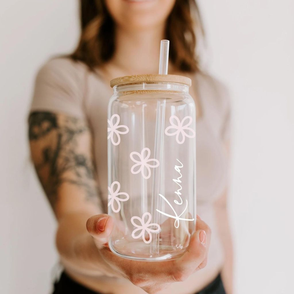 Glass Tumbler Personalized Flower Iced Coffee Cup with Name