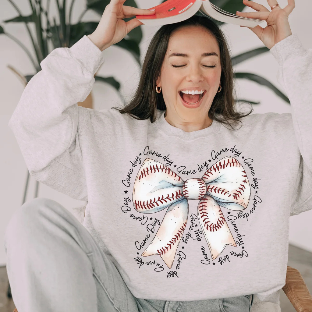 Game Day Baseball Bow – Cozy Women’s Baseball Game Day Sweatshirt