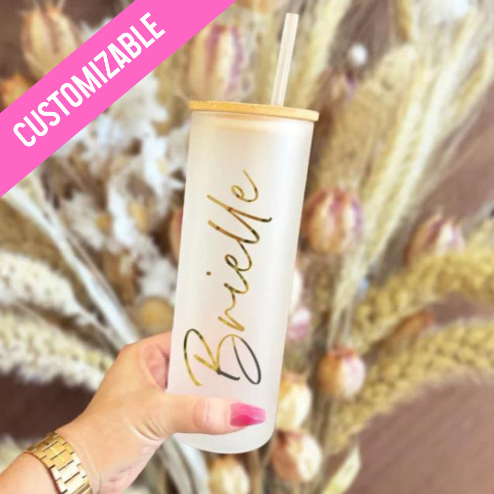 Glass Personalized Skinny Tumbler, custom frosted glass tumbler with bamboo lid, perfect for bridesmaid proposals or &#39;Future Mrs.&#39; gifts, ideal for coffee or daily hydration, personalized with a name, available at Melody Faye.&quot;