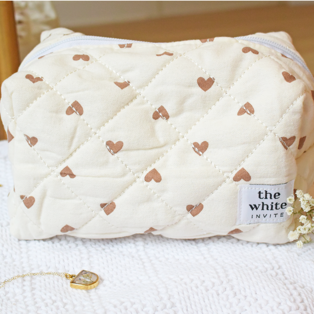 Coquette Bow & Heart Makeup Bag, Quilted Cotton Cosmetic Bag, Toiletry Bag Women