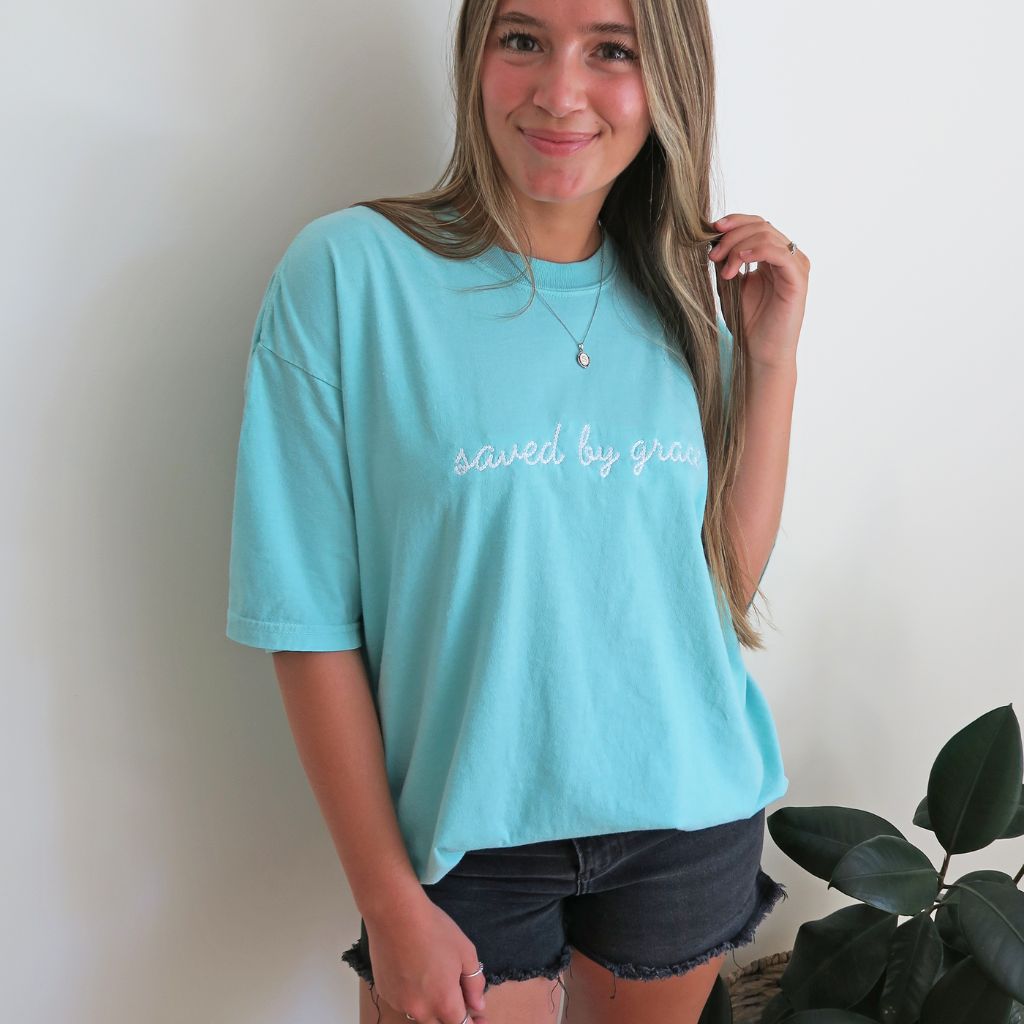 Embroidered Comfort Colors Saved By Grace Christian Tee