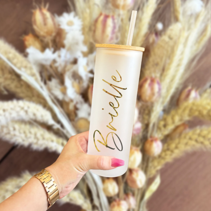 Glass Personalized Skinny Tumbler, custom frosted glass tumbler with bamboo lid, perfect for bridesmaid proposals or 'Future Mrs.' gifts, ideal for coffee or daily hydration, personalized with a name, available at Melody Faye."