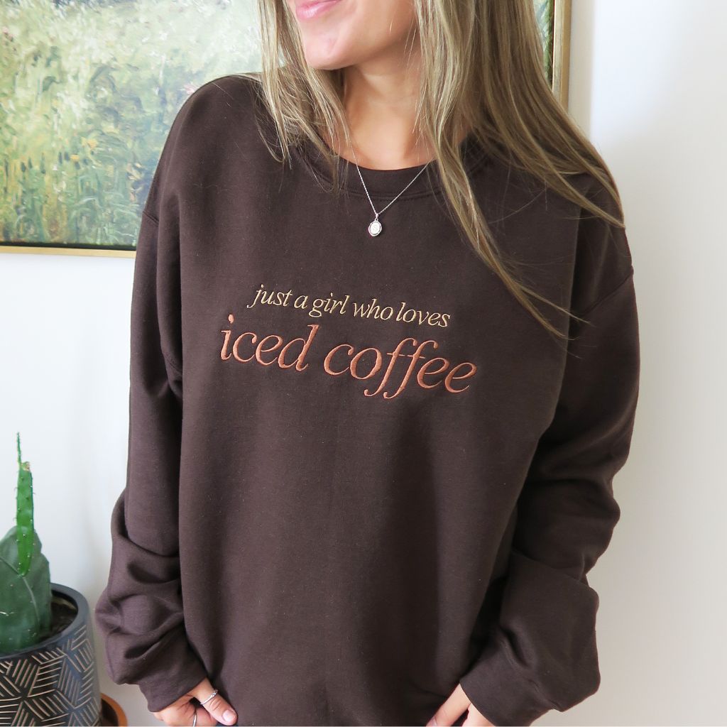 Women&#39;s Embroidered Just a Girl Who Loves Coffee Crewneck Sweatshirt