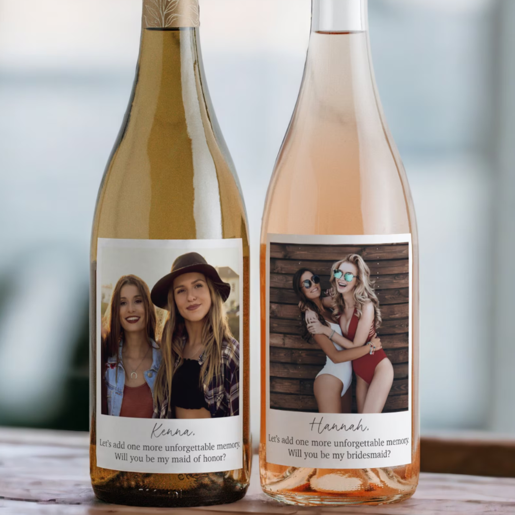 Bridesmaid Proposal Box Wine Label, personalized gift with custom photo and &#39;Will You Be My Bridesmaid&#39; design, perfect for maid of honor or bridesmaid proposals, available at Melody Faye.