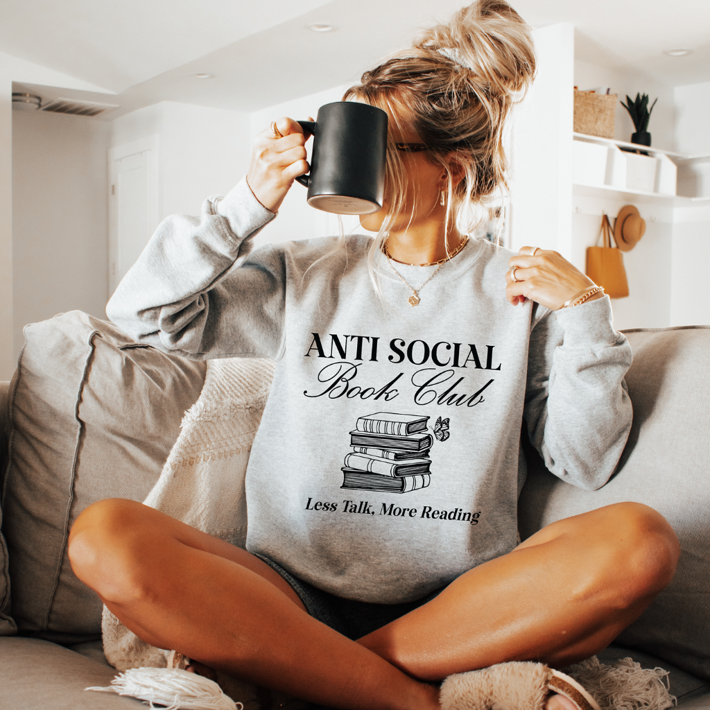 Anti-Social Book Club Women's Sweatshirt, cozy unisex fleece sweatshirt with a playful book lover graphic design, perfect for introverts and book enthusiasts, available at Melody Faye.