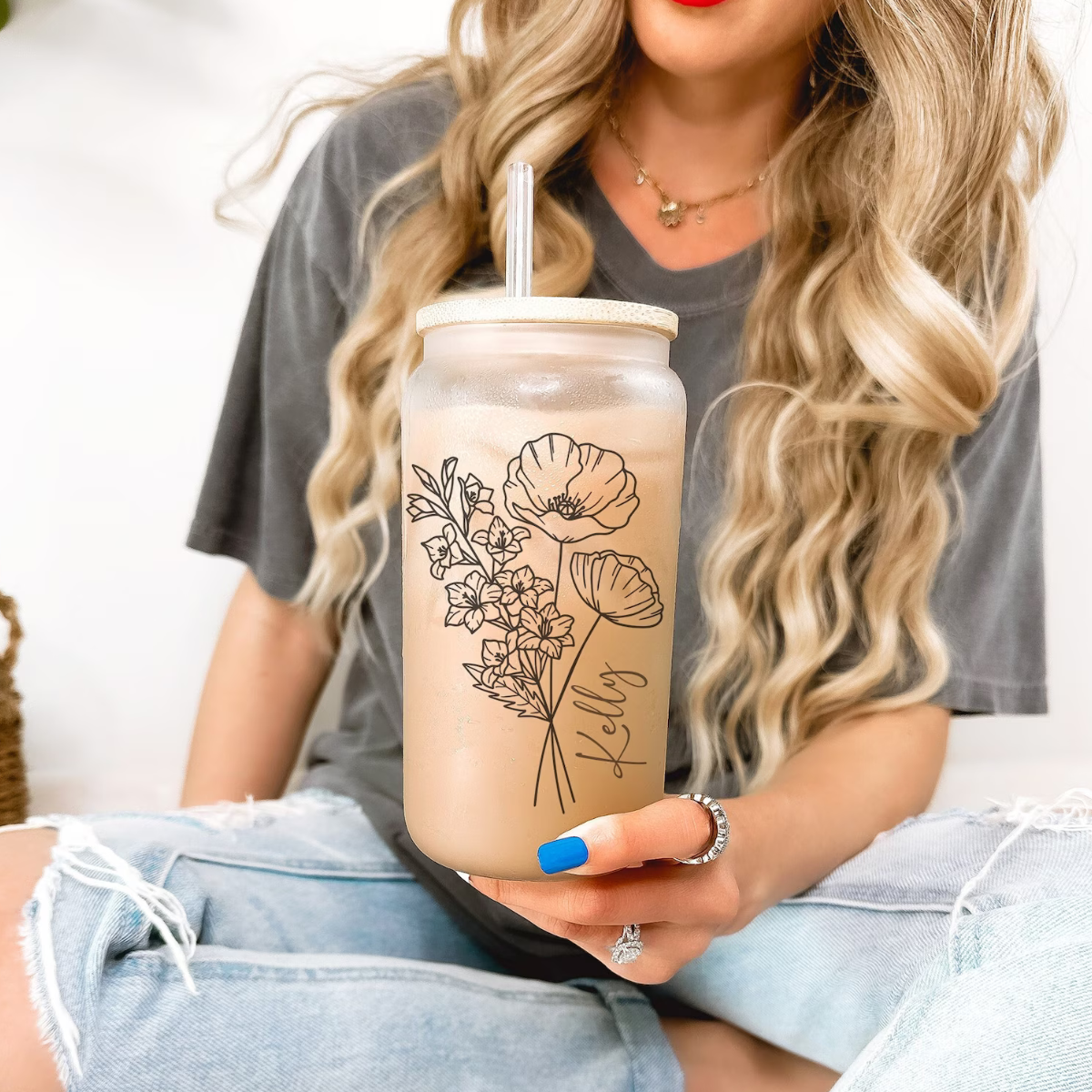 Personalized Birth Flower Iced Coffee Cup