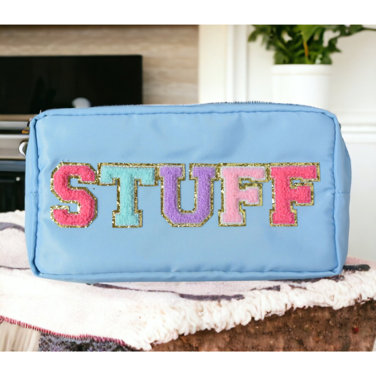 Chenille Letter Large Nylon Makeup Bag, perfect for organizing travel essentials.