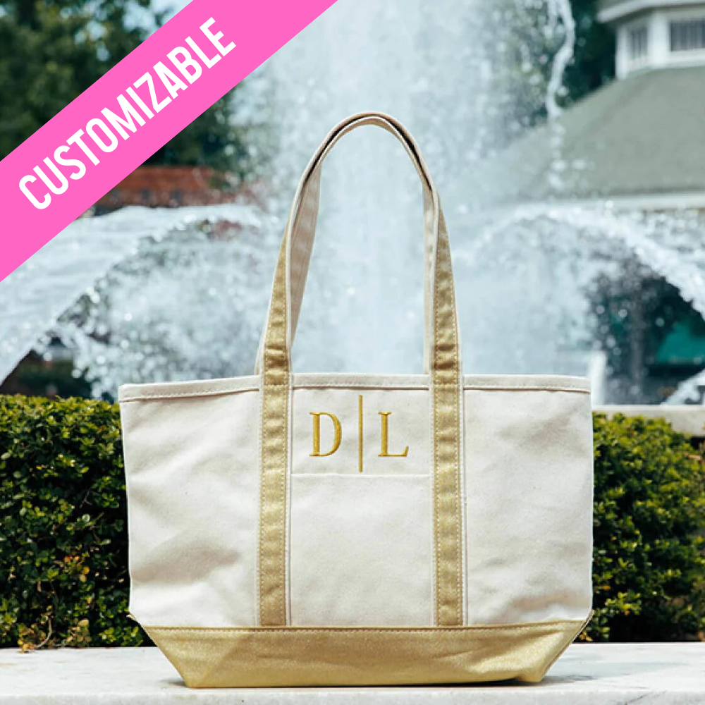 Metallics Medium Canvas Monogrammed Classic Tote Bag w Zipper