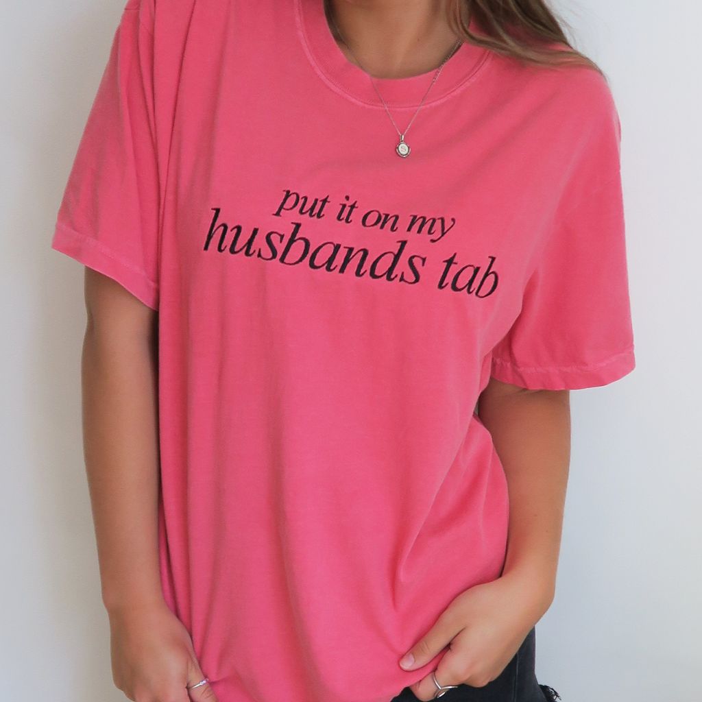 Embroidered Comfort Colors 'Put It On My Husband's Tab' Graphic Tee, trendy embroidered t-shirt for women, perfect for casual outfits, humor, and everyday wear, made from soft, durable cotton