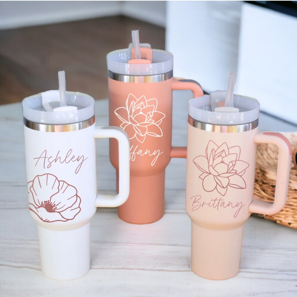 Personalized 40 oz Tumbler with Handle and Straw, custom floral design, perfect for gifts, bridal showers, or everyday hydration, insulated stainless steel to keep drinks at the perfect temperature