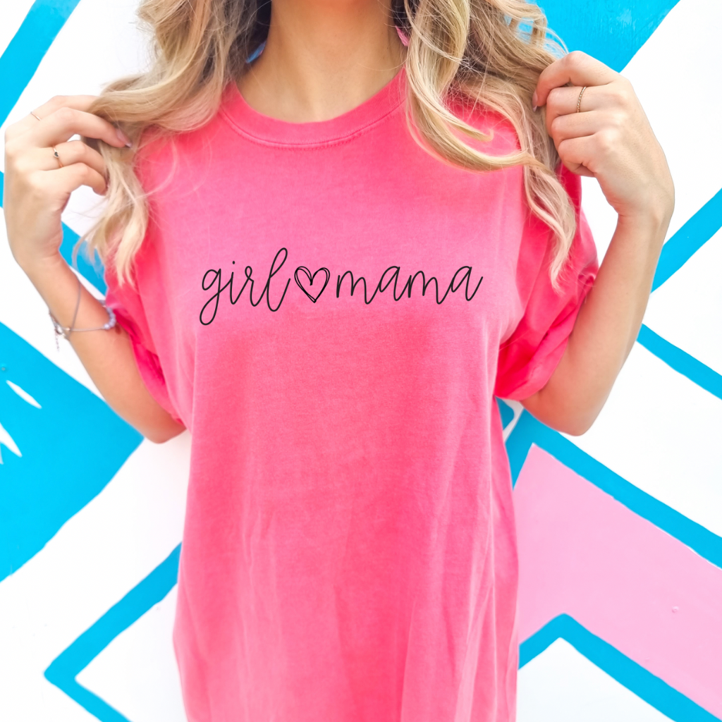 Girl Mama Comfort Colors Tee, casual and comfortable t-shirt for proud moms, featuring a fun &#39;Girl Mama&#39; graphic, made from soft cotton for all-day wear, available at Melody Faye.