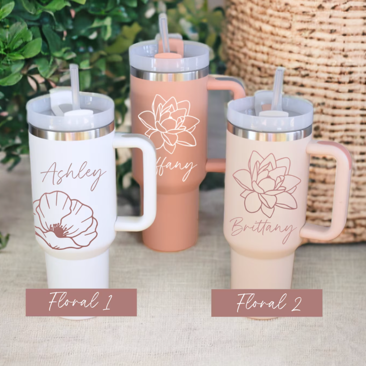 Personalized 40 oz Tumbler with Handle and Straw, custom floral design, perfect for gifts, bridal showers, or everyday hydration, insulated stainless steel to keep drinks at the perfect temperature