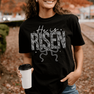 He Is Risen Floral and Bow Christian Comfort Colors Tee