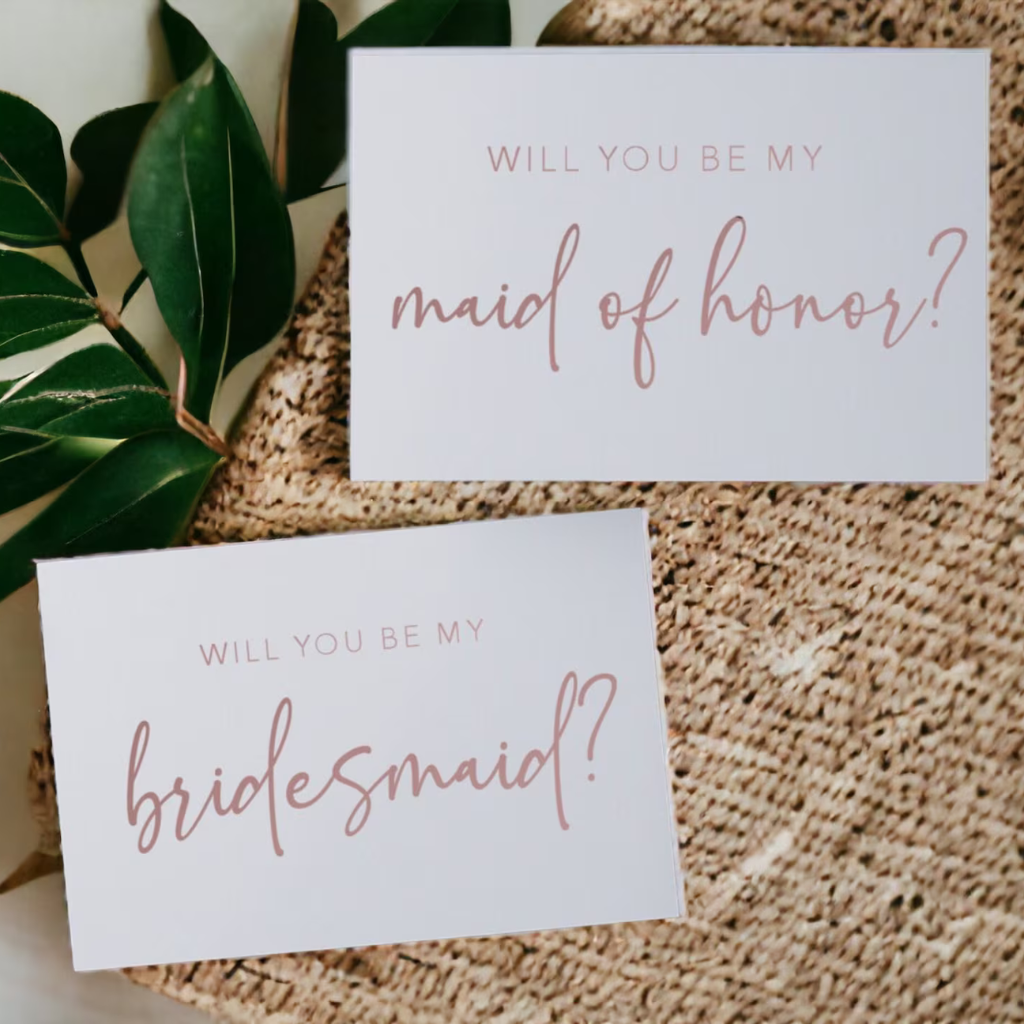 A handmade bridesmaid thank you card, featuring a contemporary design with rose gold font