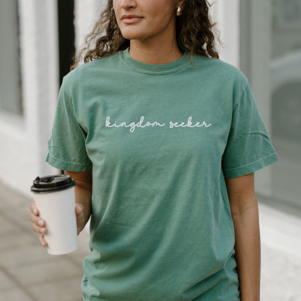 Kingdom Seeker embroidered Christian Comfort Colors Tee with minimalist faith-inspired text, stitched on soft vintage-washed unisex t-shirt