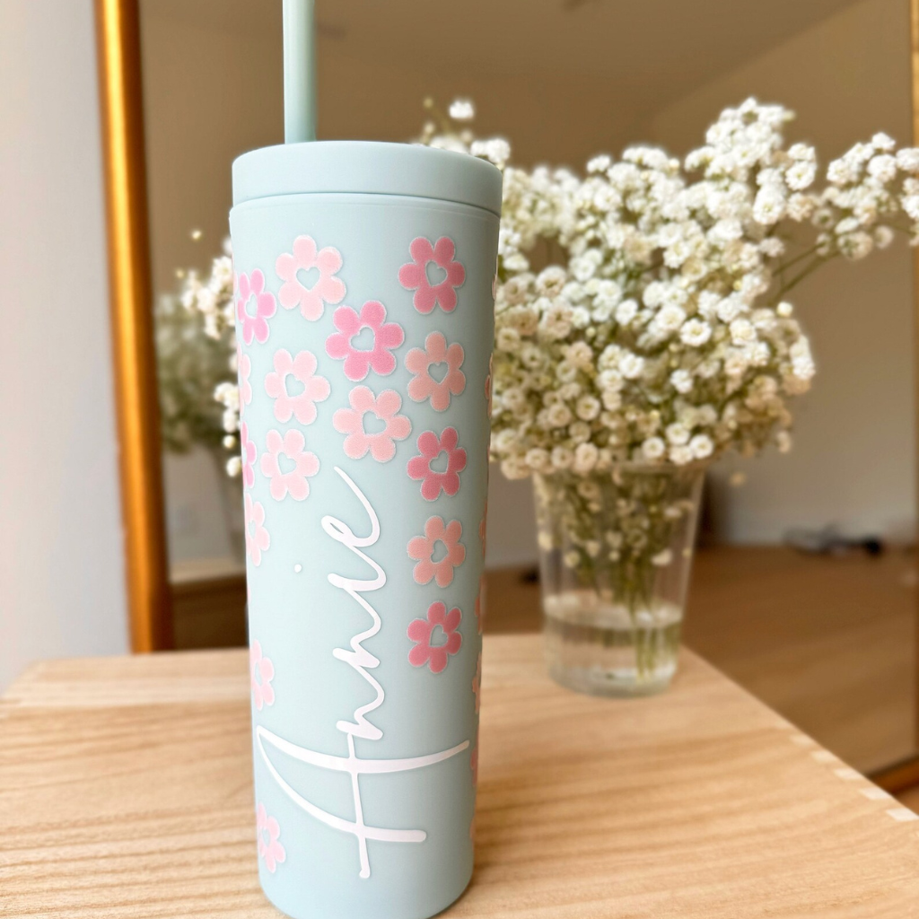 Custom Floral Acrylic Skinny Tumbler With Lid and Straw