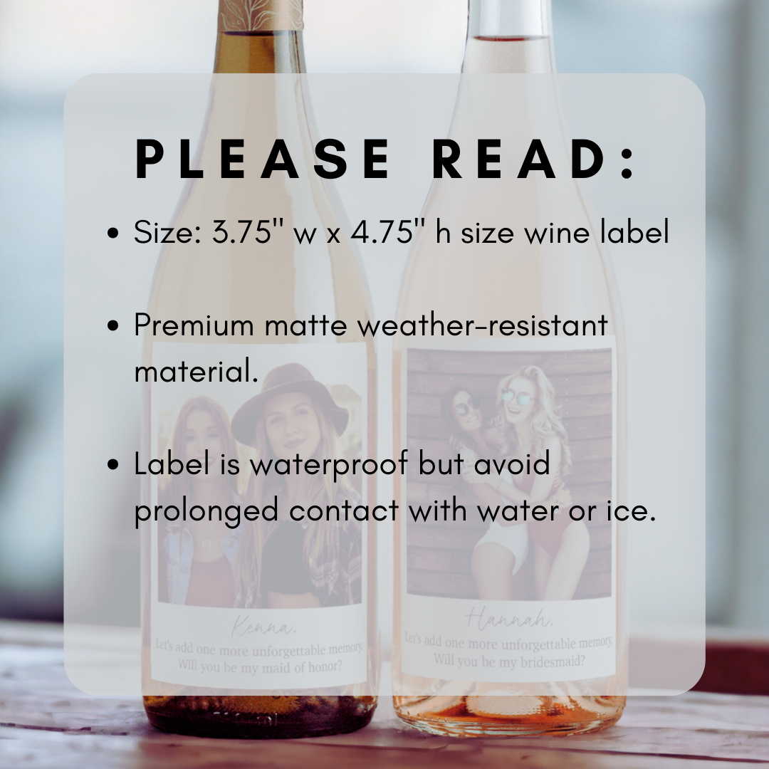 Bridesmaid Proposal Box Wine Label, personalized gift with custom photo and 'Will You Be My Bridesmaid' design, perfect for maid of honor or bridesmaid proposals, available at Melody Faye.