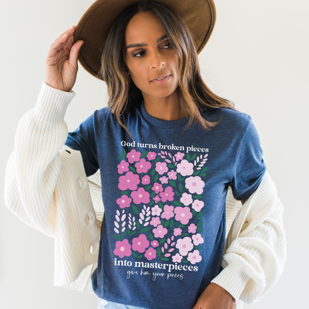 Masterpieces Women's Christian Graphic Tee, Bella Canvas crewneck t-shirt with a meaningful 'Masterpieces' faith-based design, made from soft cotton, perfect for casual wear or spiritual gatherings, available at Melody Faye.