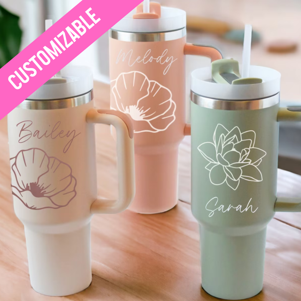 Personalized 40 oz Tumbler with Handle and Straw, custom floral design, perfect for gifts, bridal showers, or everyday hydration, insulated stainless steel to keep drinks at the perfect temperature