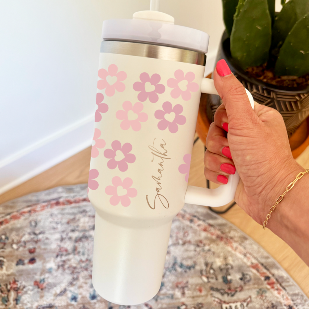 Personalized Lovebomb Flowers 40 oz Tumbler with Handle &amp; Straw