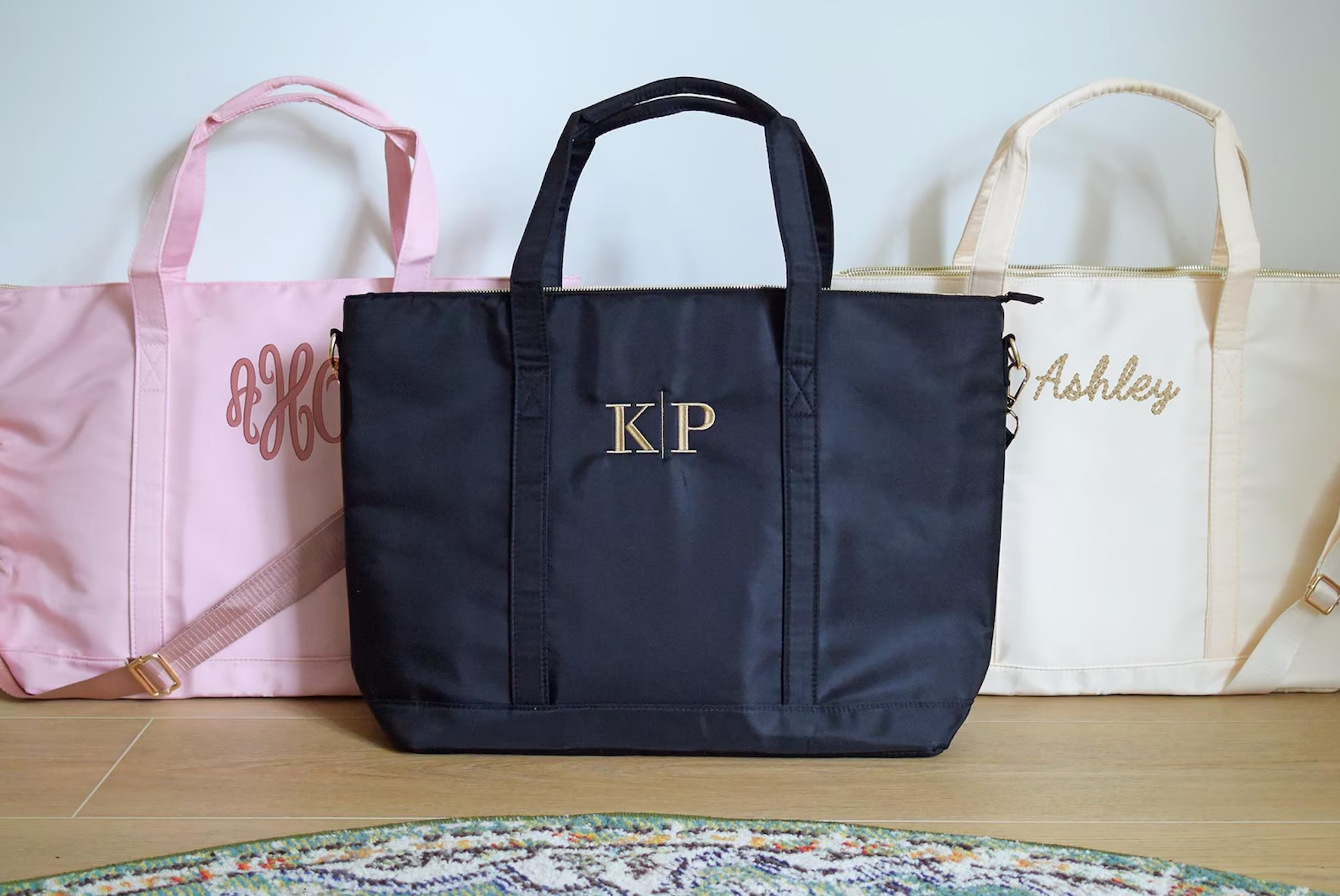 Embroidered Nylon Name Tote Bag, classic and stylish tote with personalized embroidery and zipper closure, perfect for everyday use, shopping, or as a thoughtful gift, available at Melody Faye.