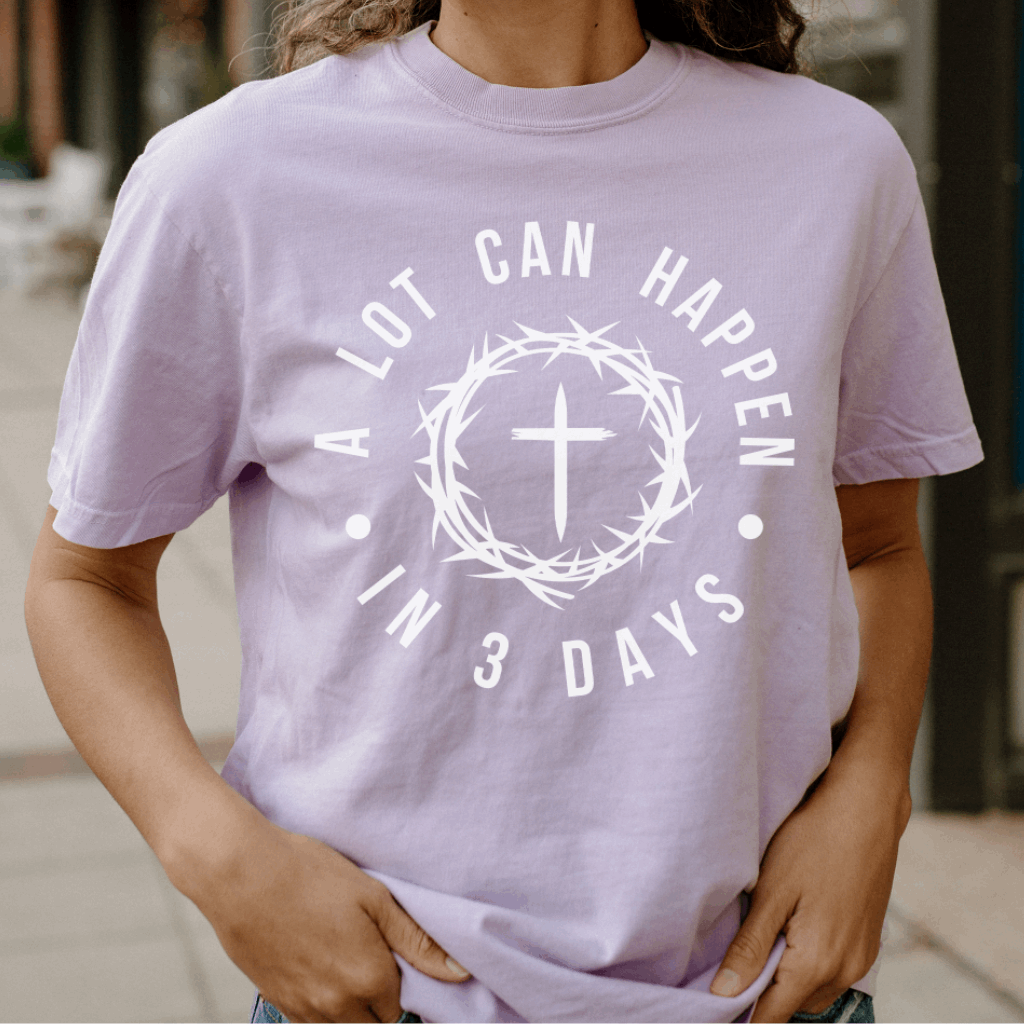 A Lot Can Happen in 3 Days Christian Comfort Colors Tee – Inspirational t-shirt featuring 'A Lot Can Happen in 3 Days' message. Made from soft, garment-dyed Comfort Colors fabric with a relaxed fit, perfect for Easter celebrations, church gatherings, or expressing your faith daily. Available in various sizes and colors.