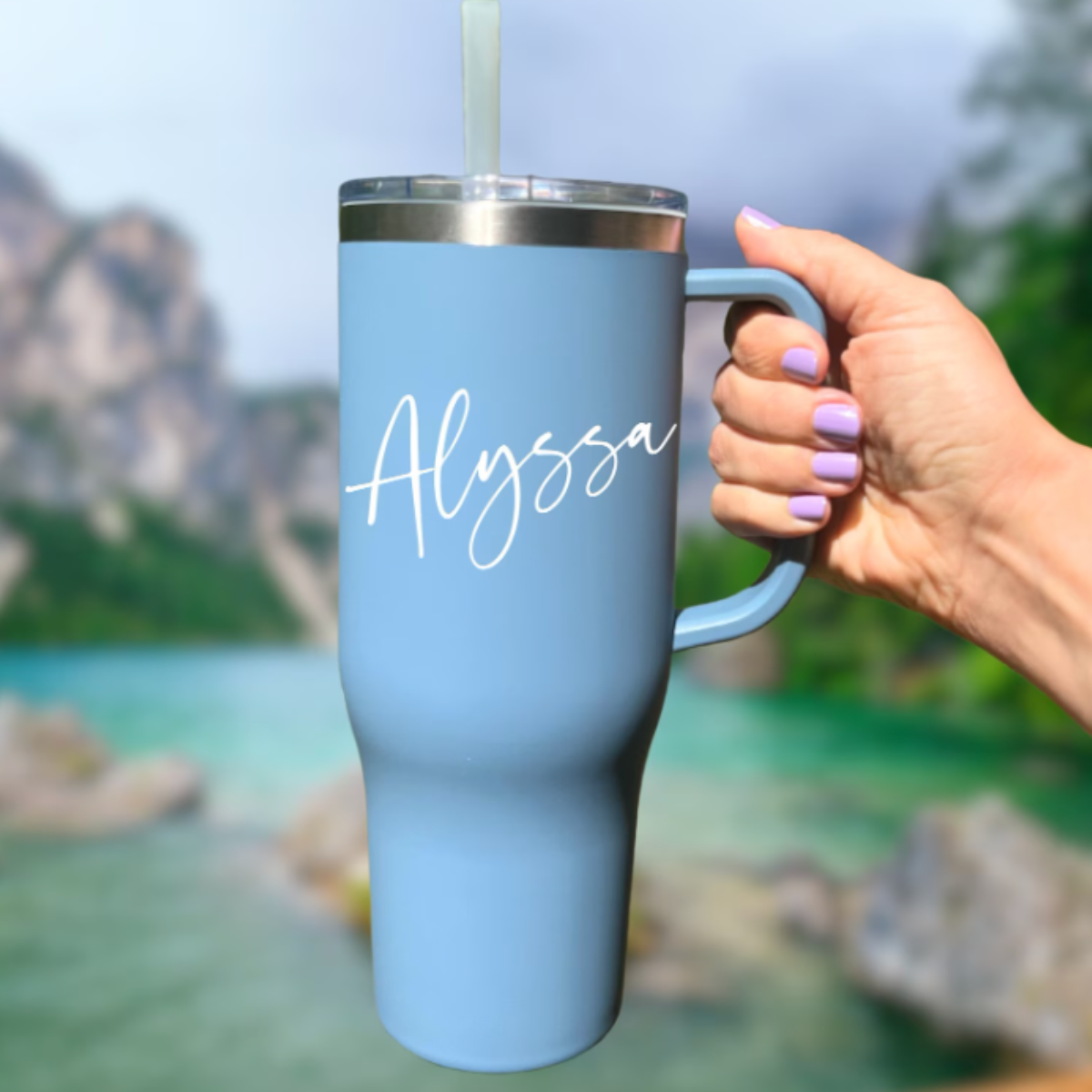 Personalized Stainless Steel Tumbler with Straw and Handle