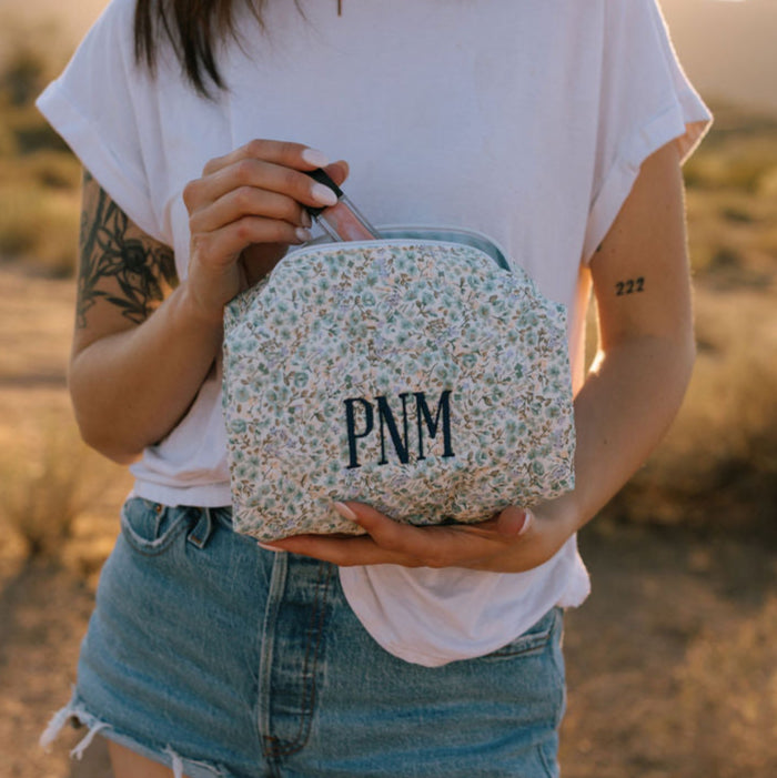 Custom Embroidered Floral Quilted Makeup Bag - Large