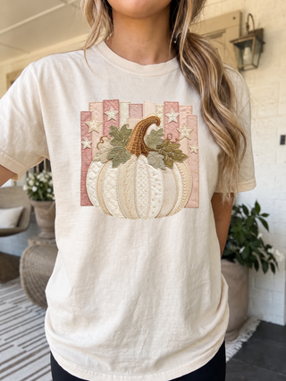 Starry Pumpkin Faux Patchwork Comfort Colors Fall Tee