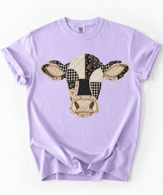 Faux Patchwork Cow Head Comfort Colors Farm Life Tee