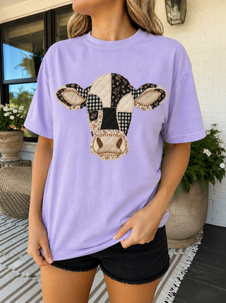 Faux Patchwork Cow Head Comfort Colors Farm Life Tee