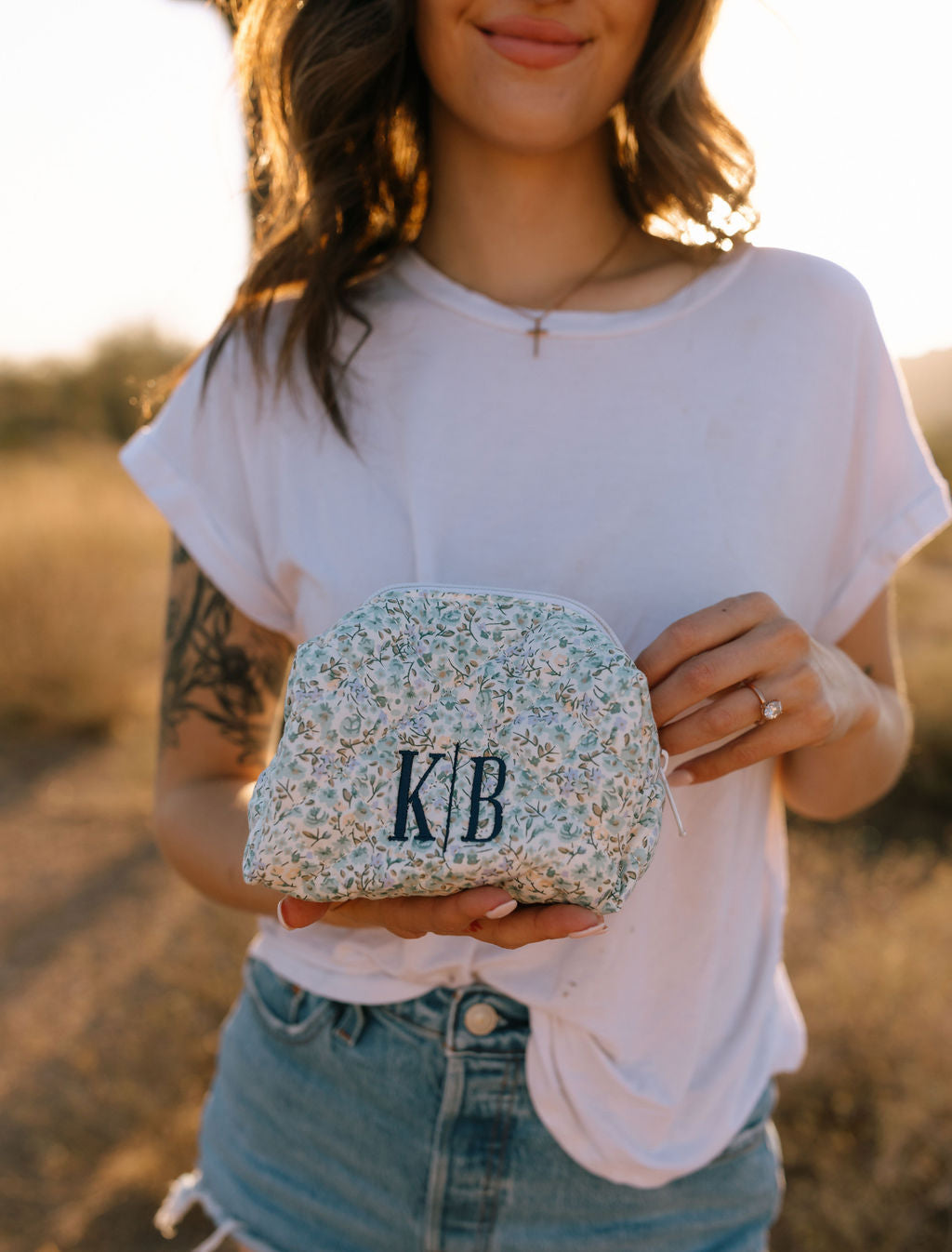 Custom Embroidered Floral Quilted Makeup Bag