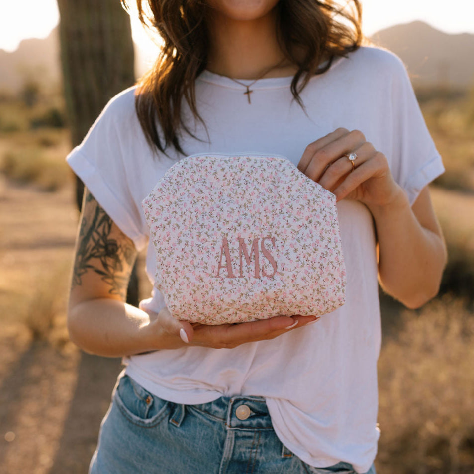 Custom Embroidered Floral Quilted Makeup Bag
