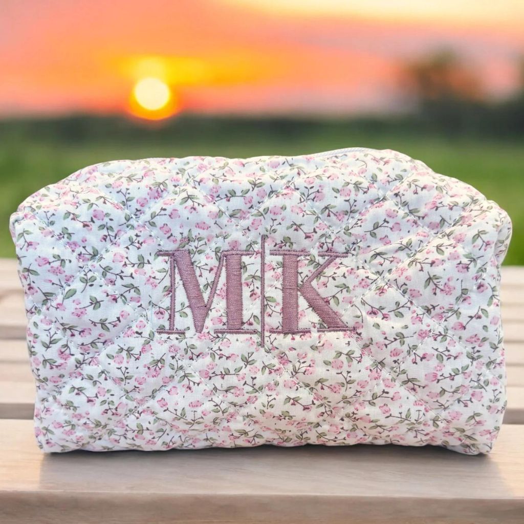 Custom Embroidered Floral Quilted Makeup Bag