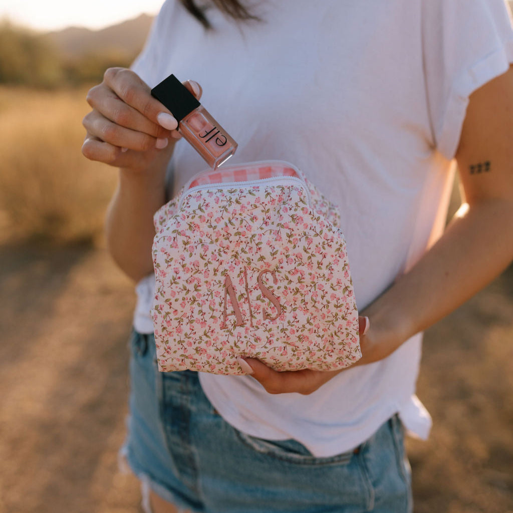 Custom Embroidered Floral Quilted Makeup Bag