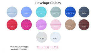 Color swatches for envelopes with Melody & Faye branding