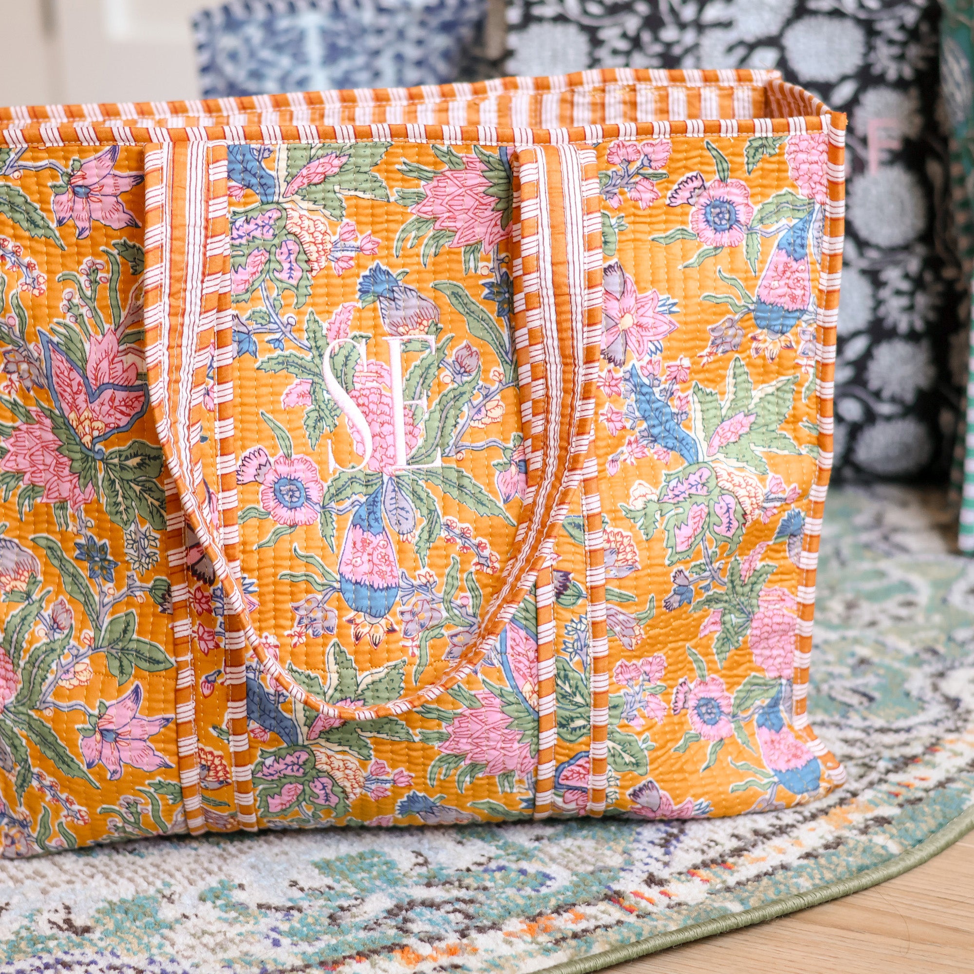 Embroidered Cotton Quilted Bag – Handmade Block Print Tote for Women, Large Boho Travel Shoulder Purse, Floral Weekender Bag for Beach, Work, or Daily Use