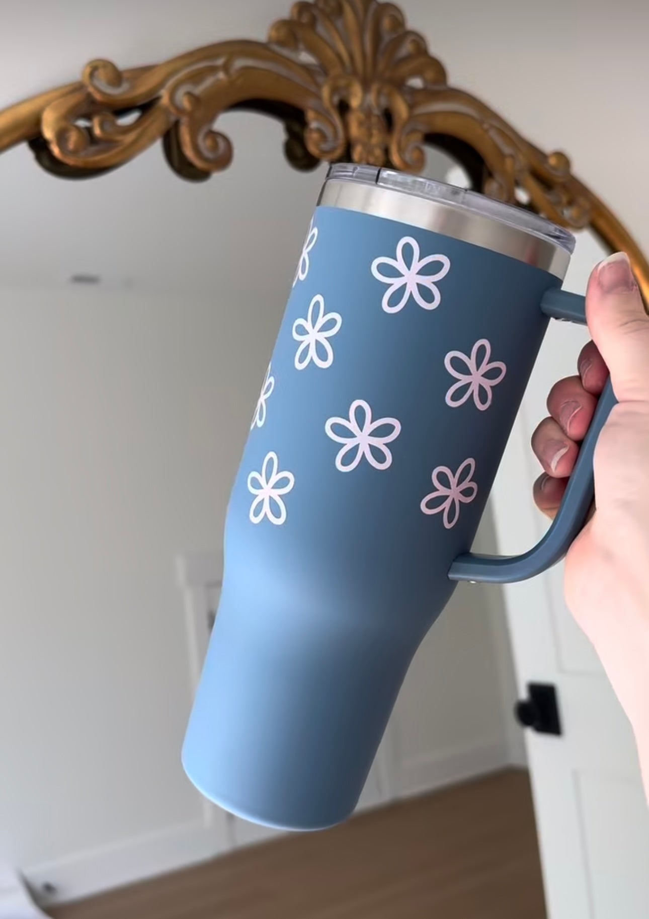 Floral 40 oz Personalized Stainless Steel Tumbler with Handle, custom floral design, perfect for keeping drinks hot or cold, ideal for daily hydration or as a thoughtful gift, available at Melody Faye.