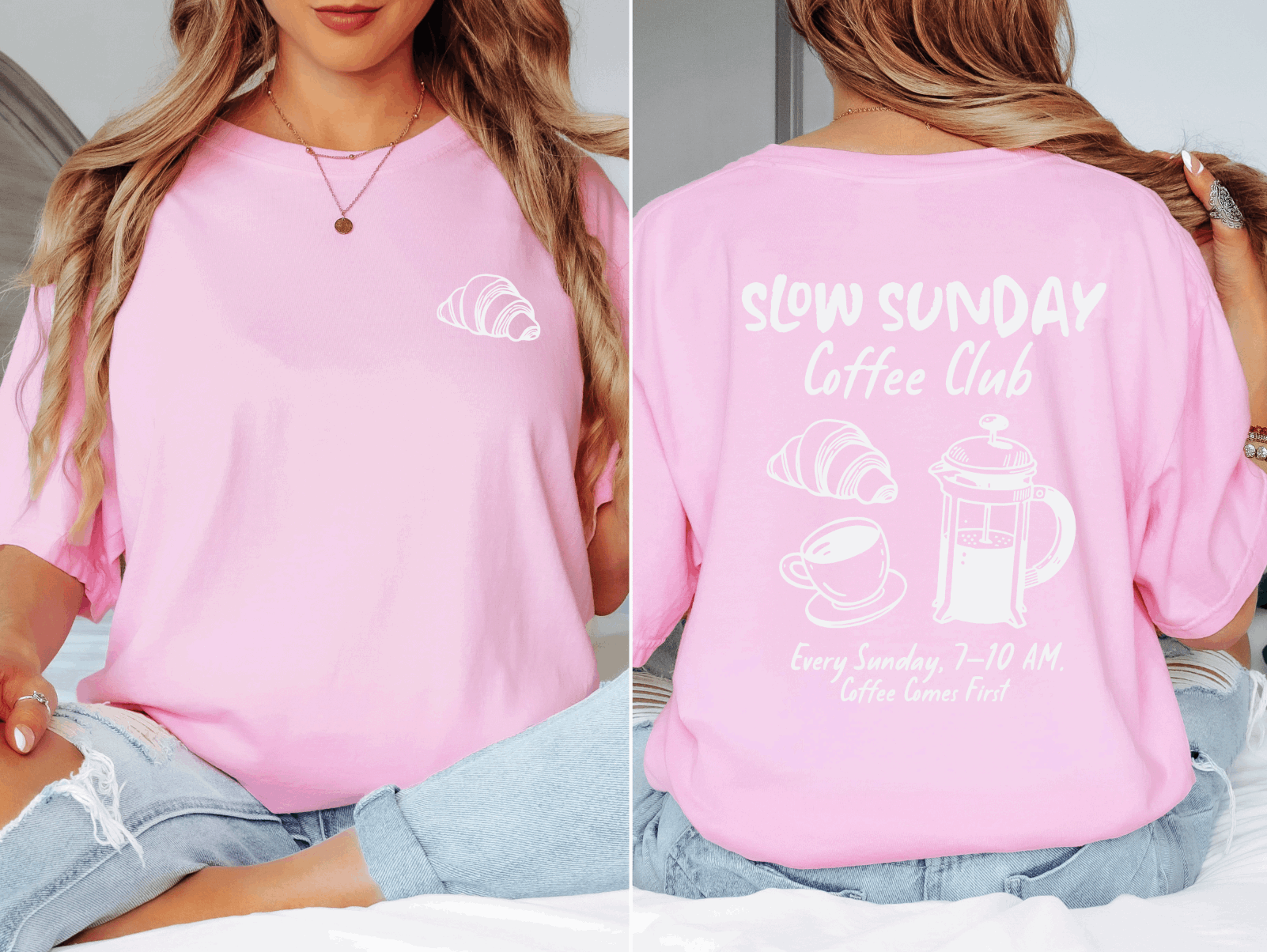 Slow Sunday Coffee Club Graphic Tee – Comfort Colors T-Shirt for Women. Cozy oversized fit with a relaxed vintage style, perfect for casual weekends and coffee lovers. Shop trendy graphic tees at Melody Faye.