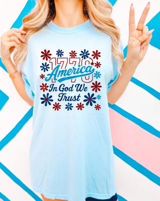 In God We Trust shirt, 1770 America tee, floral patriotic shirt, vintage Fourth of July tee, Comfort Colors patriotic shirt, Christian patriotic shirt, USA floral graphic tee, red white and blue vintage shirt