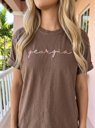 Custom State Name Script Embroidered Comfort Colors Tee