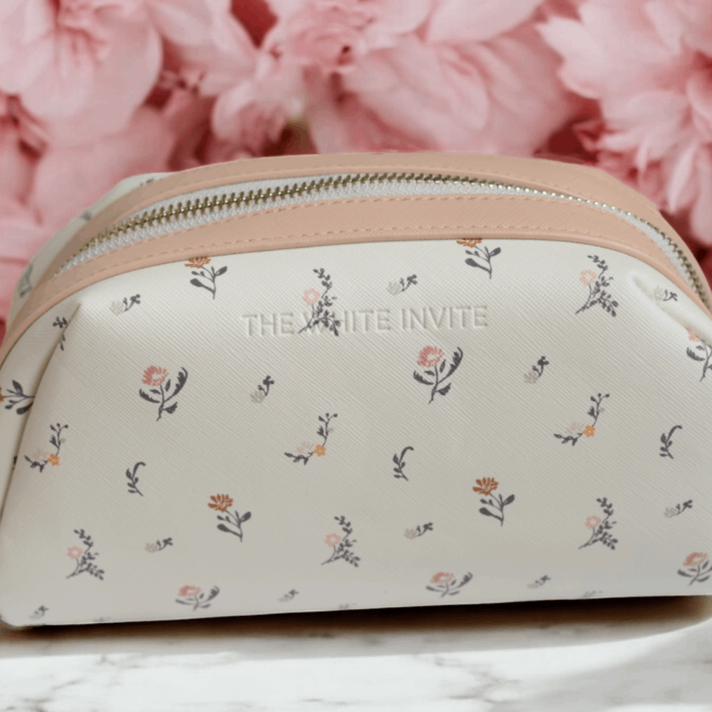 Floral Makeup Bag – Large Cosmetic Pouch for Women, Aesthetic Travel Toiletry Bag, Handmade Skincare Organizer in Blue &amp; Blush
