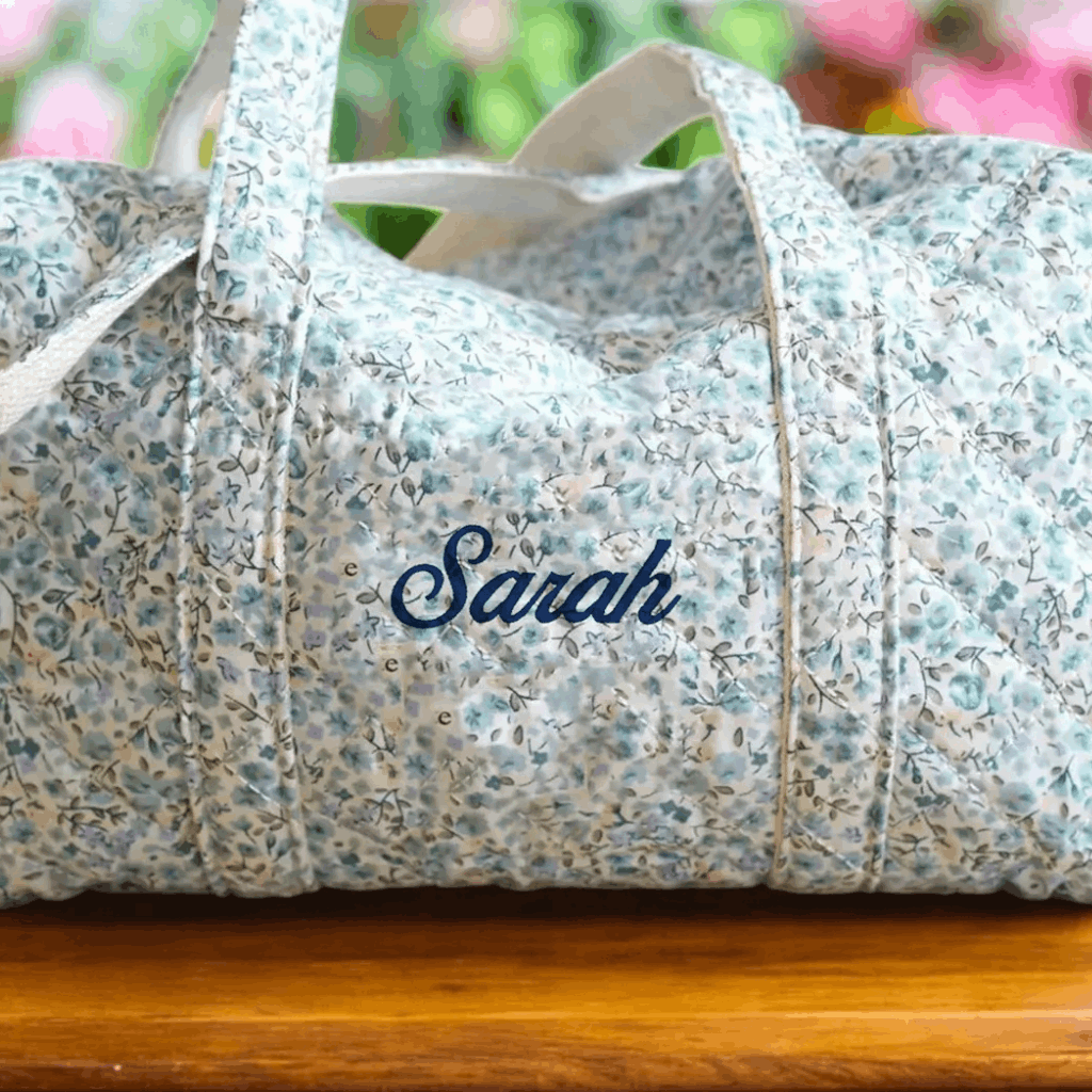 Embroidered Quilted Dusty Blue Blossoms Tote Bag