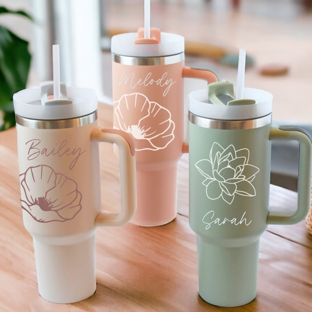 Personalized 40 oz Tumbler with Handle and Straw, custom floral design, perfect for gifts, bridal showers, or everyday hydration, insulated stainless steel to keep drinks at the perfect temperature