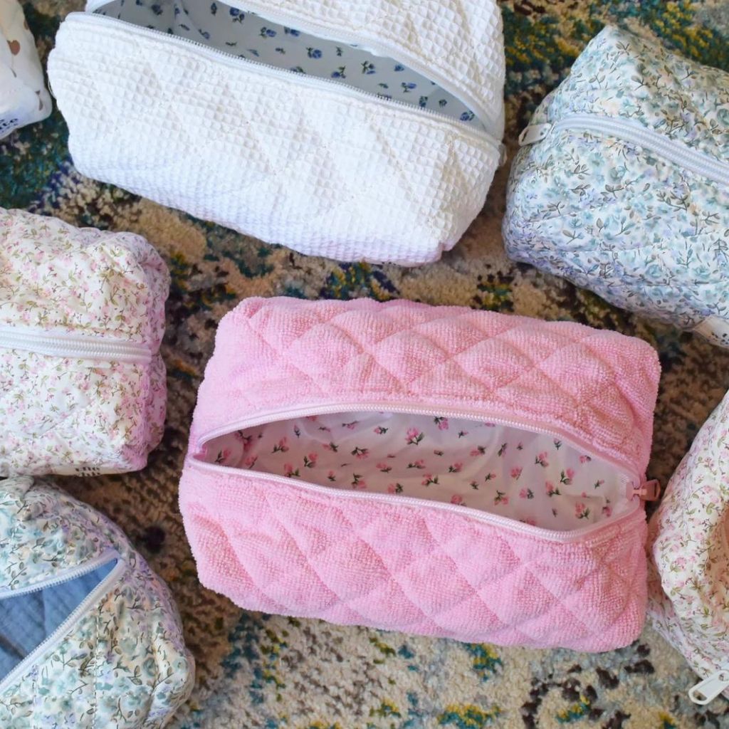 Floral Makeup Bag, Quilted Cotton Cosmetic Bag, Toiletry Bag Women