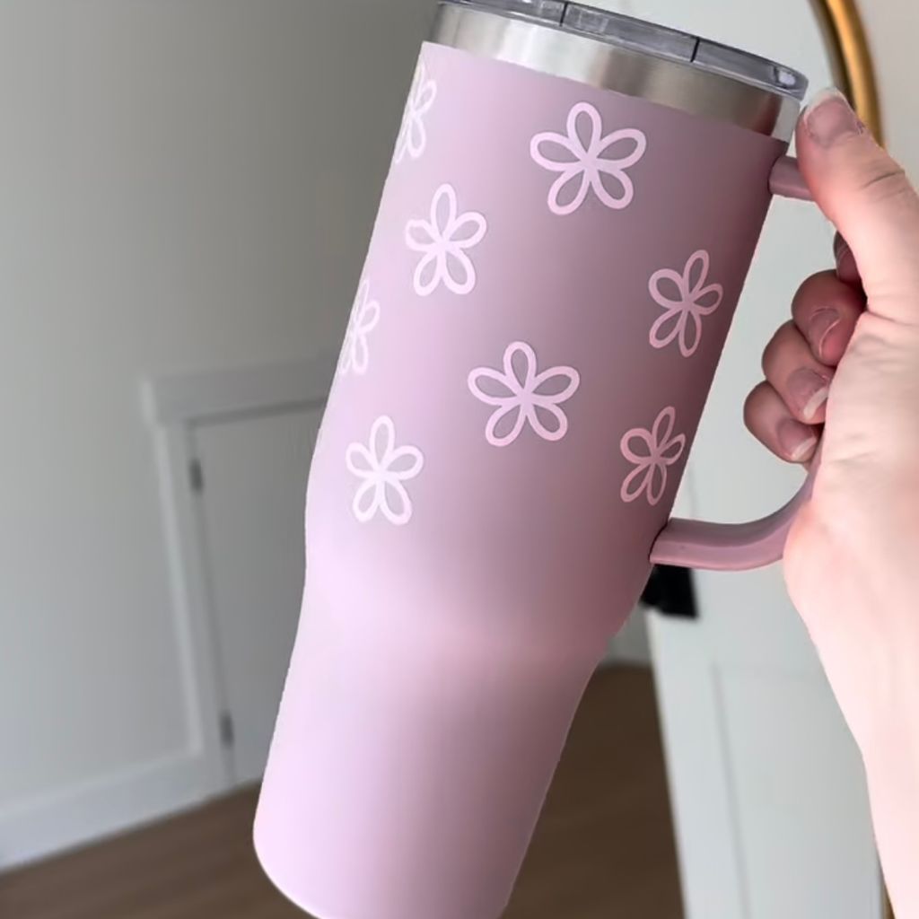 Floral 40 oz Personalized Stainless Steel Tumbler with Handle, custom floral design, perfect for keeping drinks hot or cold, ideal for daily hydration or as a thoughtful gift, available at Melody Faye.