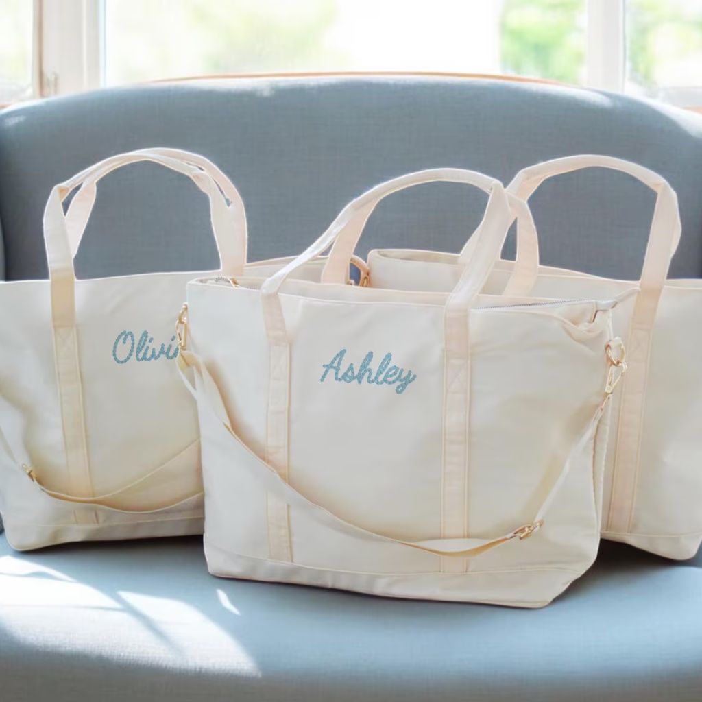 Embroidered Nylon Name Tote Bag, classic and stylish tote with personalized embroidery and zipper closure, perfect for everyday use, shopping, or as a thoughtful gift, available at Melody Faye.