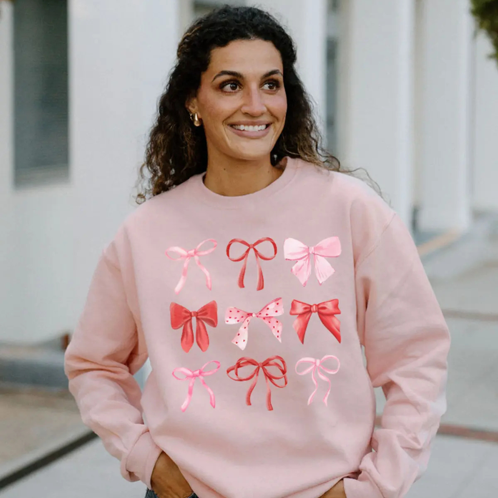 Pink Bows Valentine&#39;s Day Sweatshirt – Cute Embroidered Cozy Pullover for Women, Aesthetic Romantic Outfit or Gift